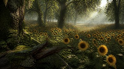 an endless field of sunflowers under summer clouds, no people — Forestcore Aesthetic wallpaper