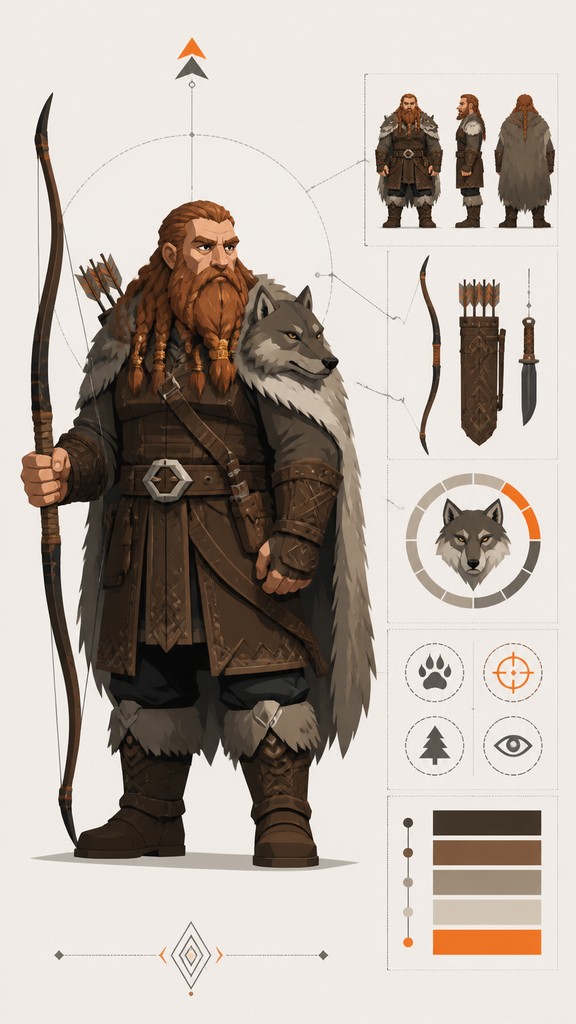 full-body original character: a dwarven ranger with a braided auburn beard, worn leather armor, a longbow and a wolf-pelt cloak, neutral background, no text — Infographic Poster Design tabletop character portrait