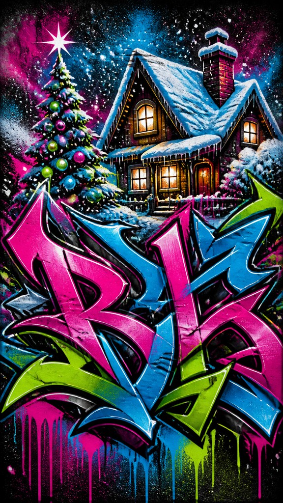 a snow-covered cottage with warm glowing windows beside a decorated pine tree, gentle snowfall, no text — Graffiti Art Style Christmas card
