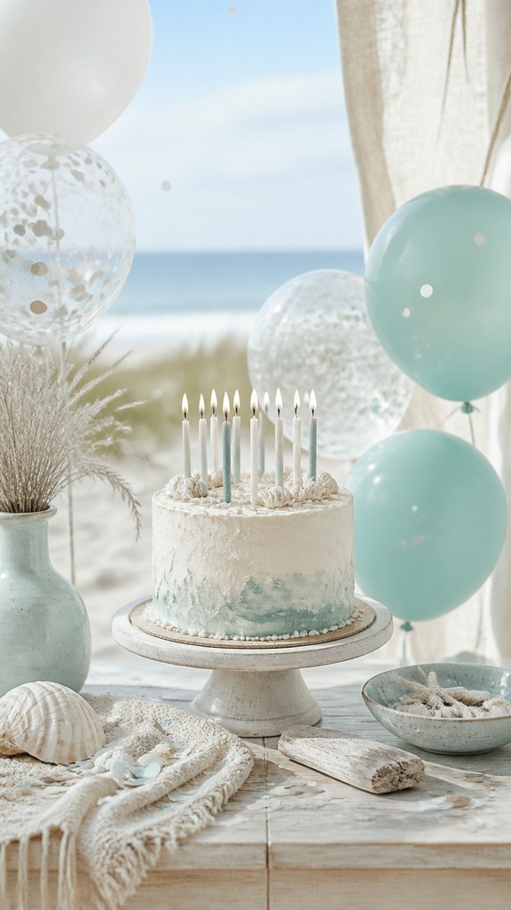 a birthday cake with lit candles surrounded by balloons and confetti, festive vertical composition, no text — Coastal Interior Design birthday card