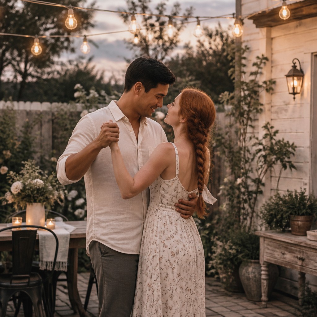 an original couple dancing under string lights in a garden at dusk: a man with short black hair in a linen shirt and a woman with braided red hair in a summer dress — Modern Farmhouse Interior Design couple portrait
