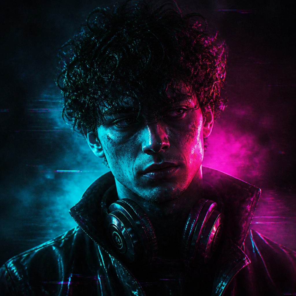 head-and-shoulders portrait of an original character: a young man with curly dark hair and headphones around his neck, plain backdrop, no text — Cyberpunk Sci-Fi Art Discord profile picture