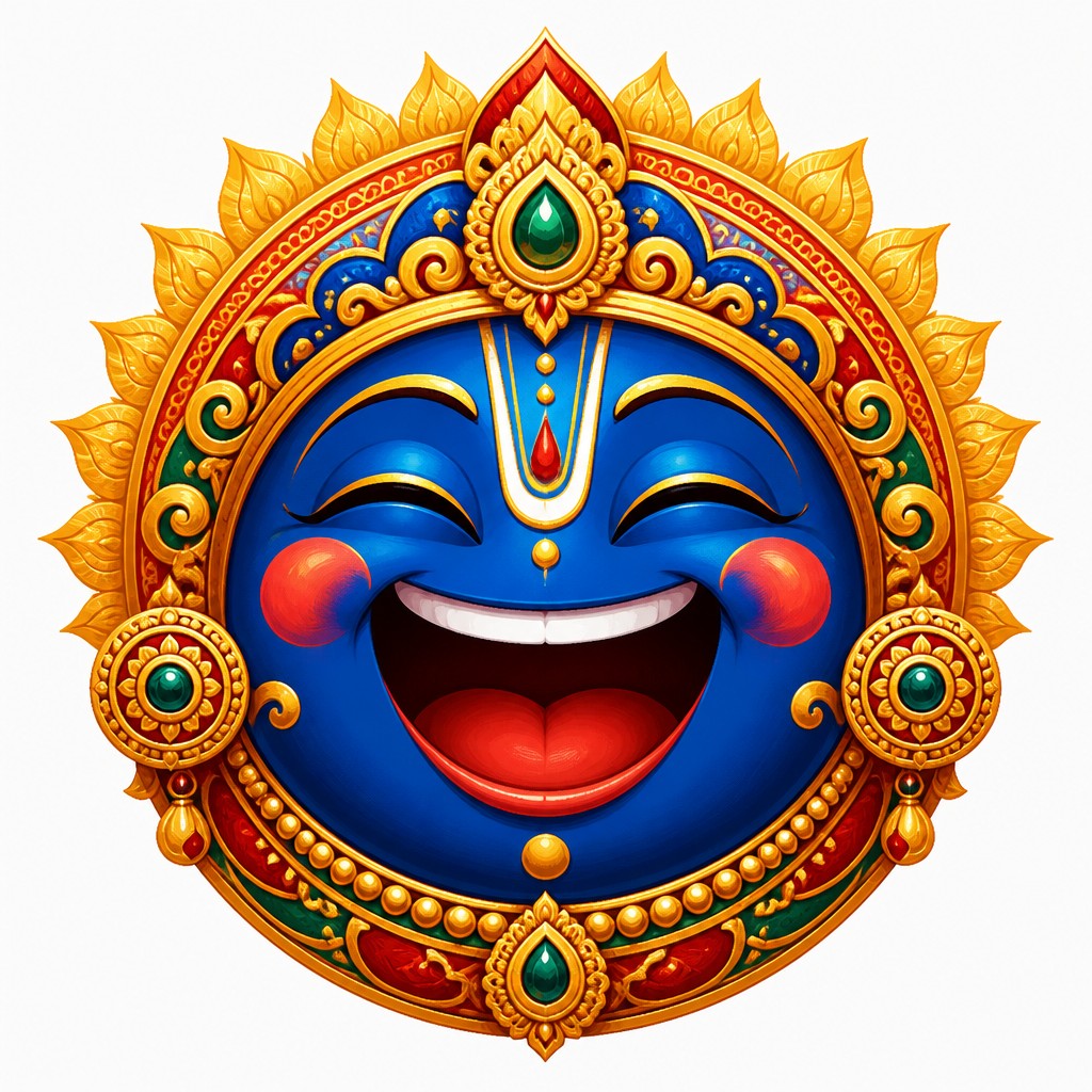 an exaggerated laughing face of an original round mascot character, bold and readable at small size, plain background, no text — Hindu Religious Art Twitch emote