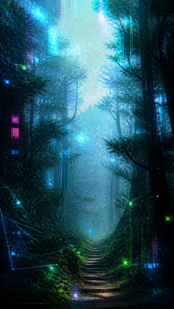 a mysterious forest path with fireflies and drifting mist, atmospheric vertical composition with open space at the top, no text — New Media Art Style book cover