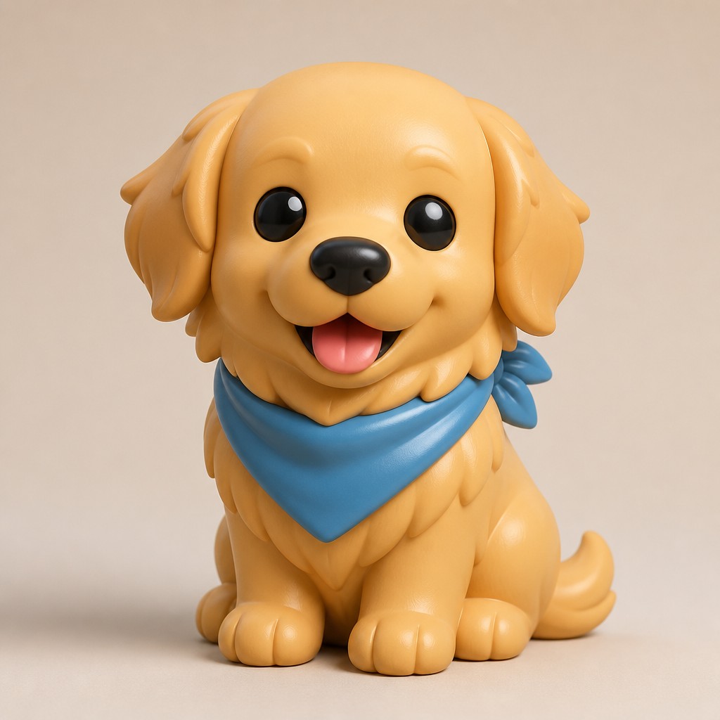 portrait of a golden retriever wearing a blue bandana, warm plain backdrop, no text — Blind Box Toy Art pet portrait