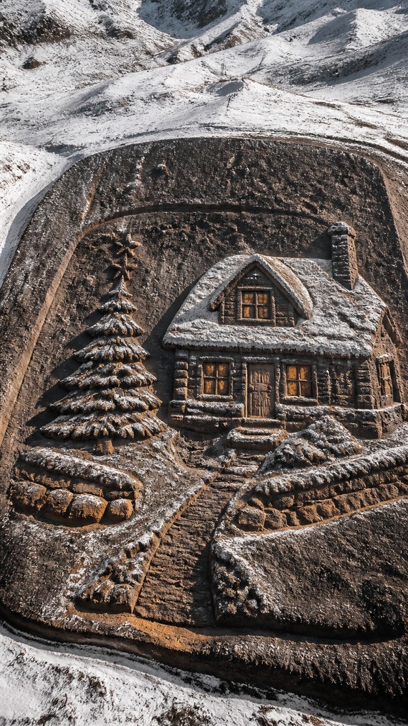 a snow-covered cottage with warm glowing windows beside a decorated pine tree, gentle snowfall, no text — Land Art Style Christmas card