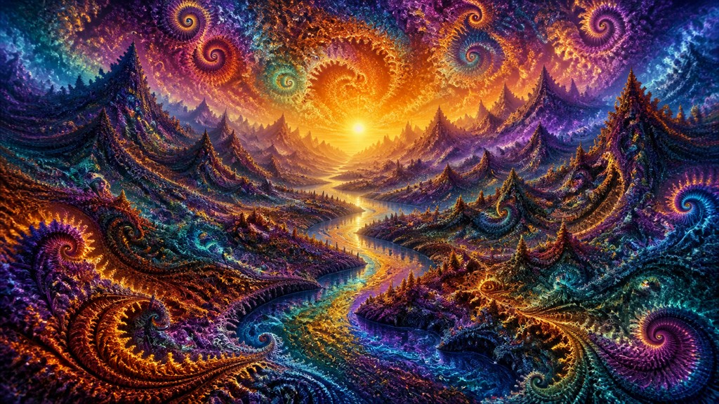 a vast valley with a river winding toward distant mountains at sunrise, no people, no text — Fractal Abstract Art Style desktop wallpaper