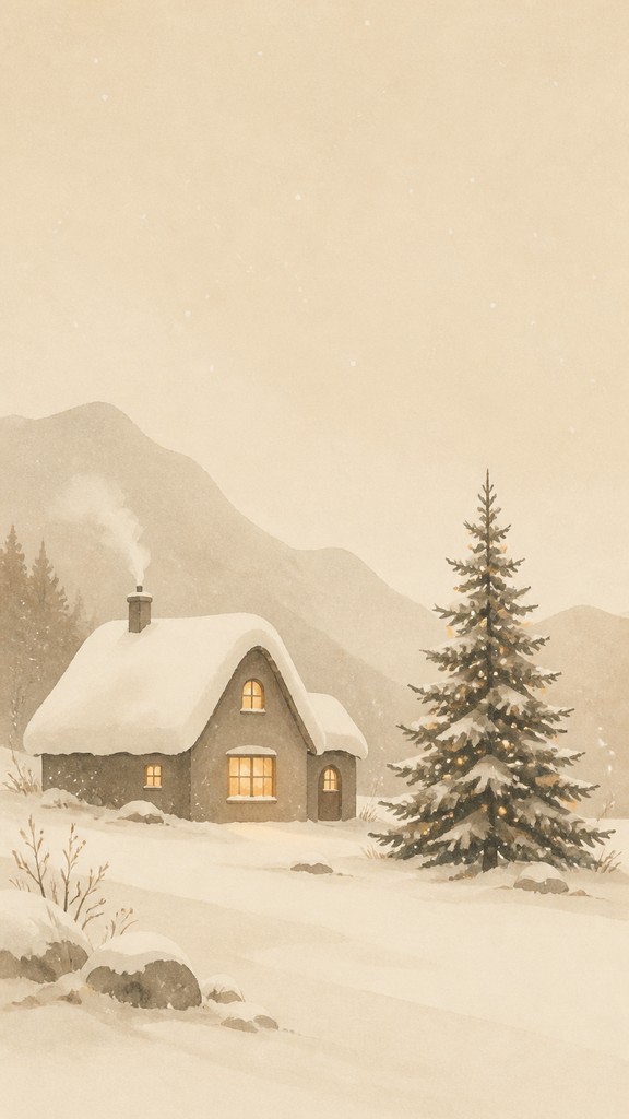 a snow-covered cottage with warm glowing windows beside a decorated pine tree, gentle snowfall, no text — Minimalist Nature Art Christmas card
