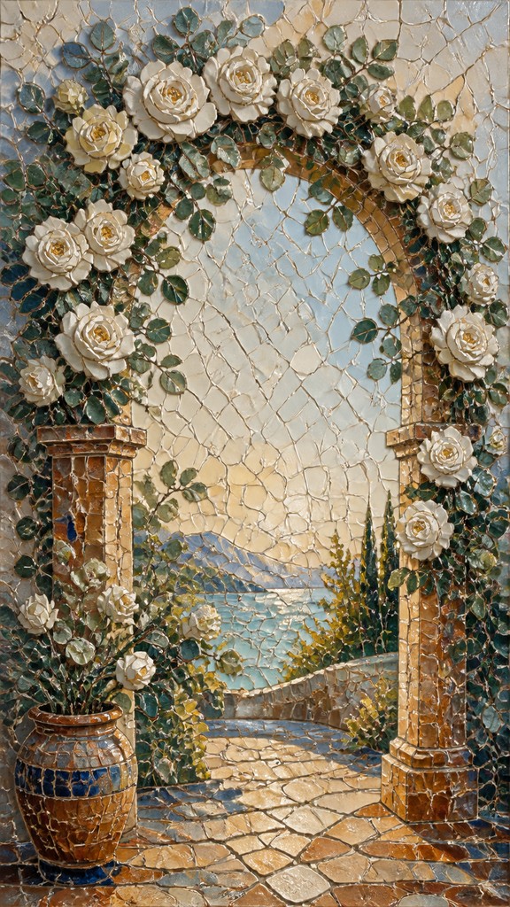 an arch of white roses and eucalyptus in soft morning light, elegant vertical composition with open space, no text — Ceramic Mosaic Art Style wedding invitation