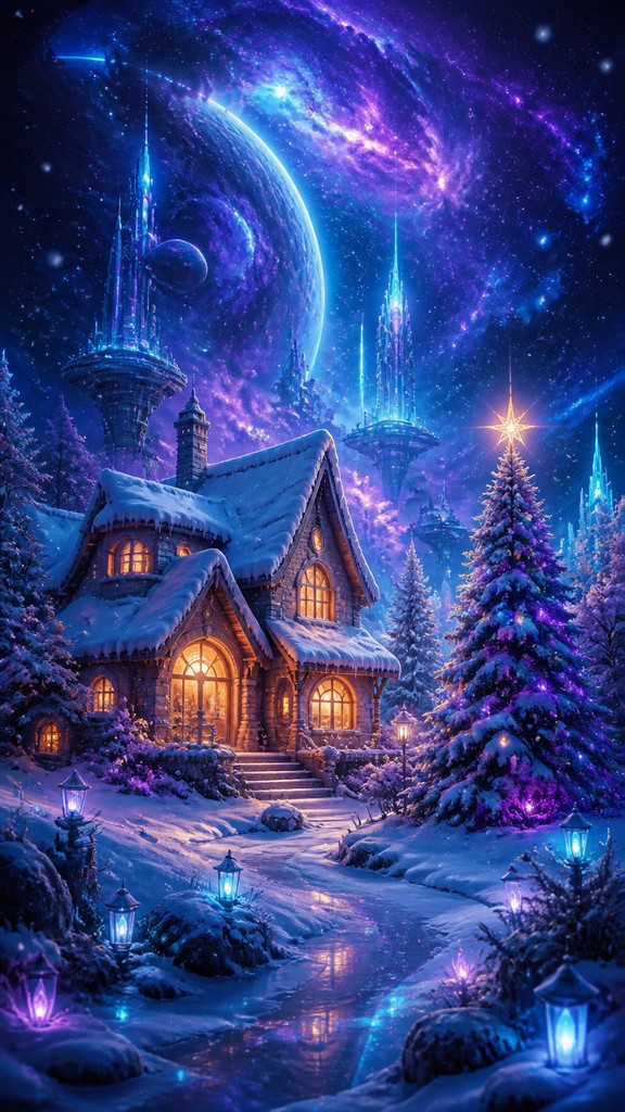 a snow-covered cottage with warm glowing windows beside a decorated pine tree, gentle snowfall, no text — Sci-Fi Fantasy Art Christmas card