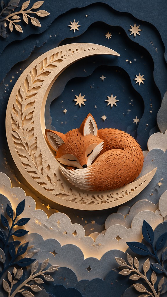 a sleeping baby fox curled on a crescent moon among soft stars, gentle and warm, no text — Paper Cut Art Style baby announcement