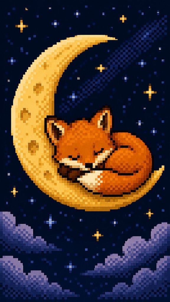 a sleeping baby fox curled on a crescent moon among soft stars, gentle and warm, no text — Pixel Art Style baby announcement