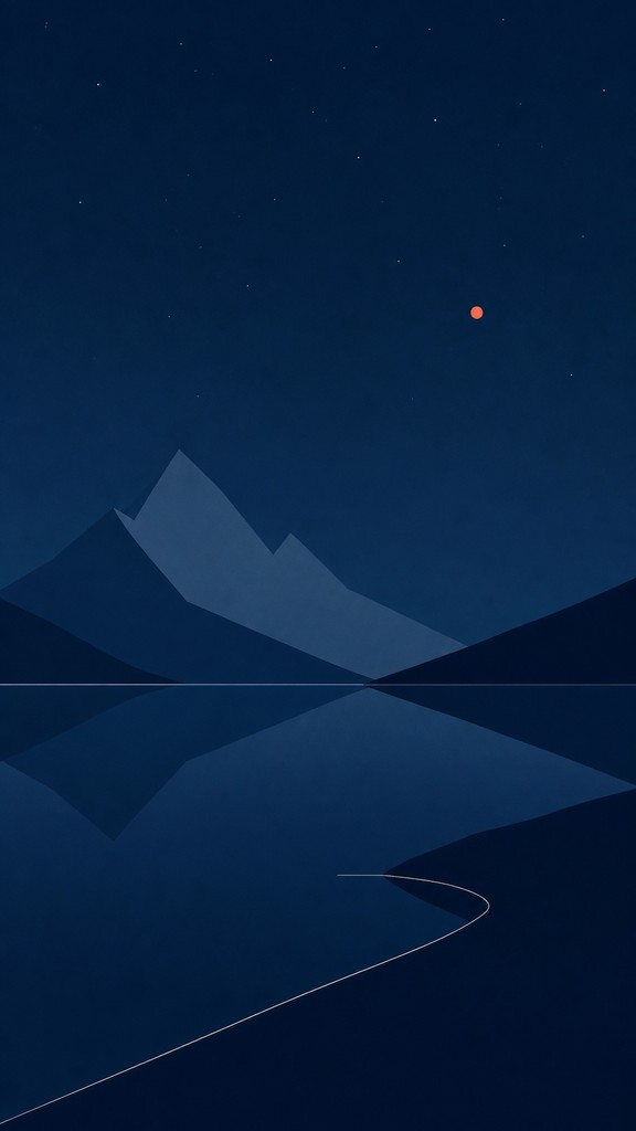 a tranquil mountain lake beneath a starry night sky, no people, no text — Minimalist Abstract Art Style phone wallpaper