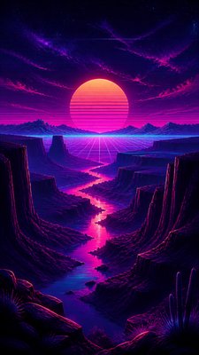 a desert canyon under a dramatic sunset sky, no people — Synthwave Aesthetic wallpaper
