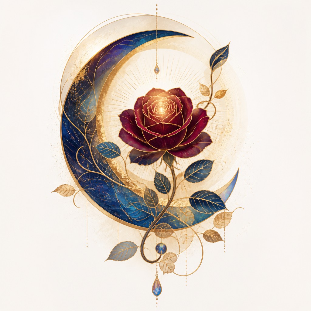 a rose entwined with a crescent moon, clean balanced composition on a plain background, no text — Contemporary Religious Art tattoo design