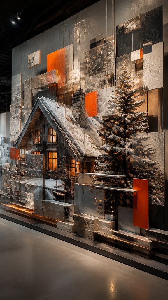 a snow-covered cottage with warm glowing windows beside a decorated pine tree, gentle snowfall, no text — Installation Modern Art Style Christmas card
