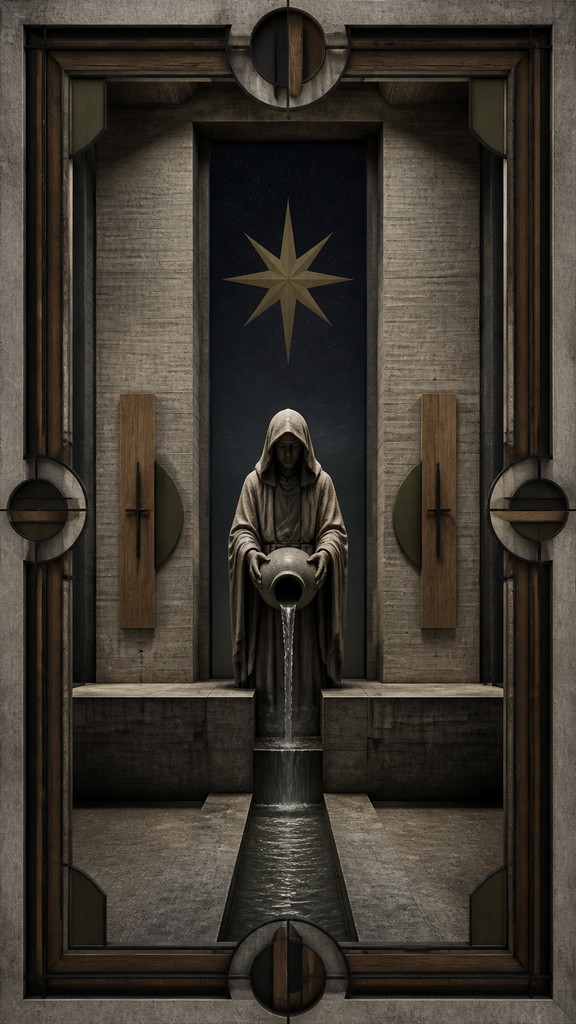 a robed figure pouring water beneath a large eight-pointed star in a night sky, symmetrical composition with an ornate decorative border, no text — Brutalist Interior Design tarot card