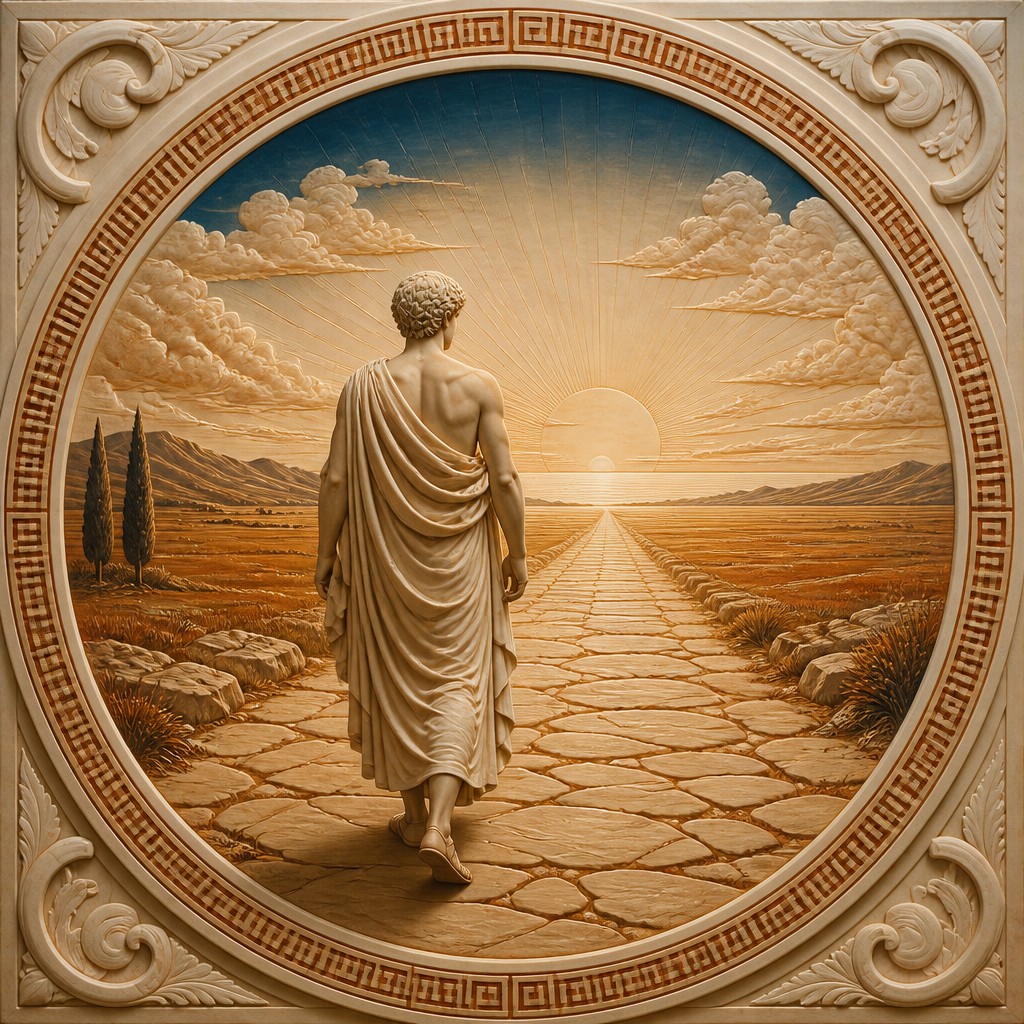 a solitary figure walking toward a glowing horizon across an empty plain, moody atmosphere, no text or lettering — Ancient Greek Classical Art Style album cover