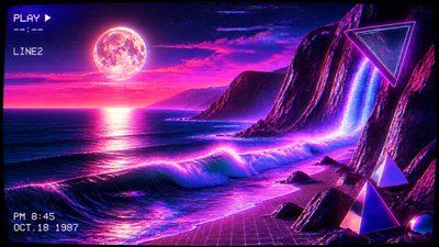 a moonlit coastline with cliffs and crashing surf, no people — Vaporwave Art Style wallpaper