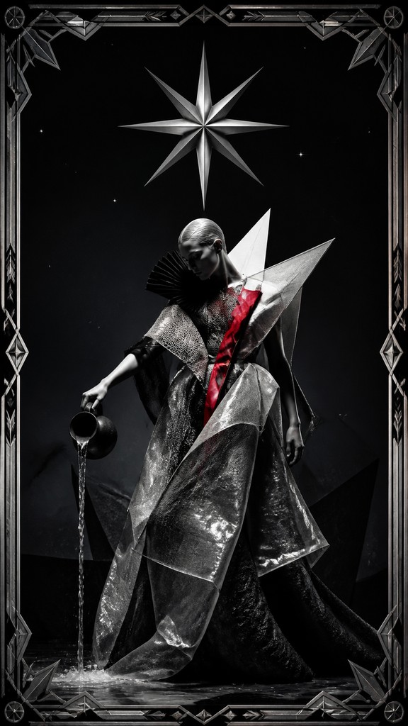 a robed figure pouring water beneath a large eight-pointed star in a night sky, symmetrical composition with an ornate decorative border, no text — Avant-Garde Fashion Design tarot card