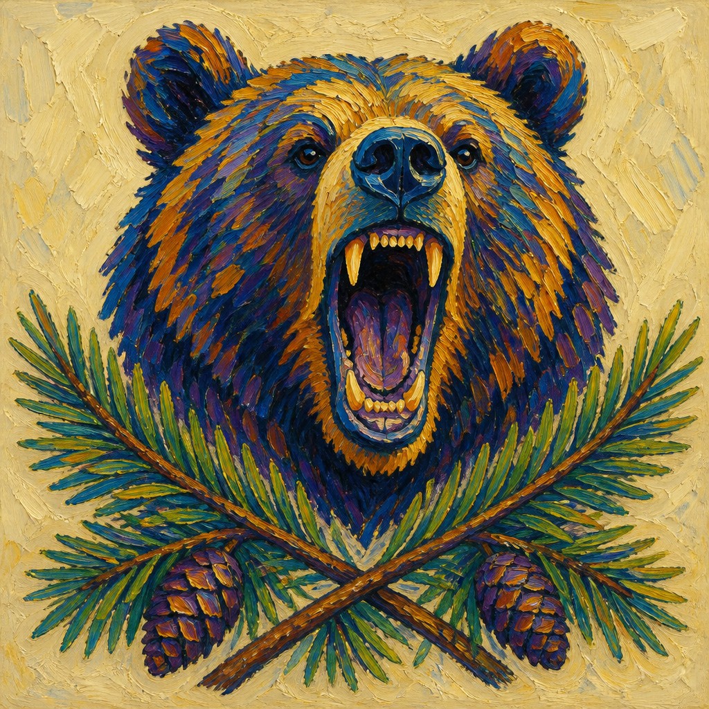 a roaring bear head above crossed pine branches, bold graphic composition on a plain background, no text — Post-Impressionism Art Style t-shirt design