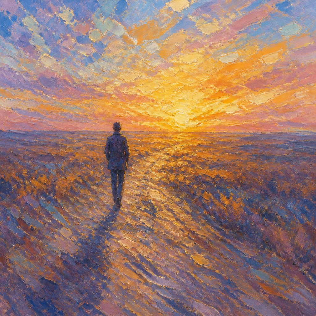 a solitary figure walking toward a glowing horizon across an empty plain, moody atmosphere, no text or lettering — Impressionism Art Style album cover