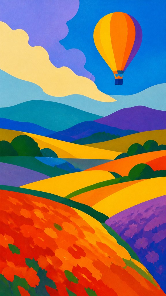a hot air balloon drifting over rolling flower fields on a sunny day, cheerful, no text — Color Field Abstract Art Style greeting card