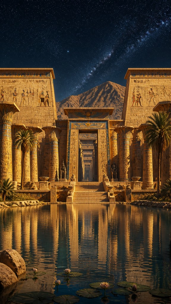a tranquil mountain lake beneath a starry night sky, no people, no text — Ancient Egyptian Architecture phone wallpaper