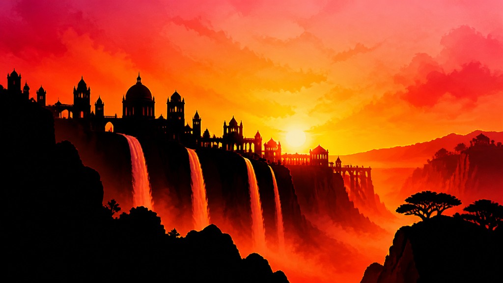 a cliffside city with waterfalls cascading into a misty canyon, wide establishing shot, no people, no text — Sunset Silhouette Art Style concept art