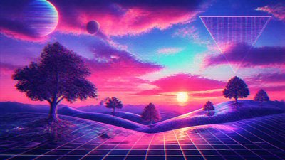 rolling hills with scattered trees under a big dramatic sky, no people — Vaporwave Art Style wallpaper