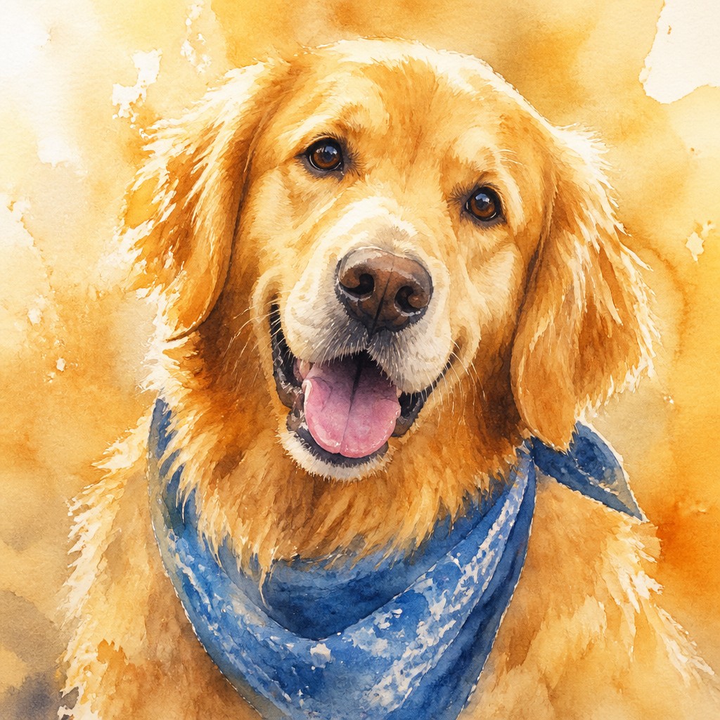 portrait of a golden retriever wearing a blue bandana, warm plain backdrop, no text — Watercolor Portrait Art Style pet portrait