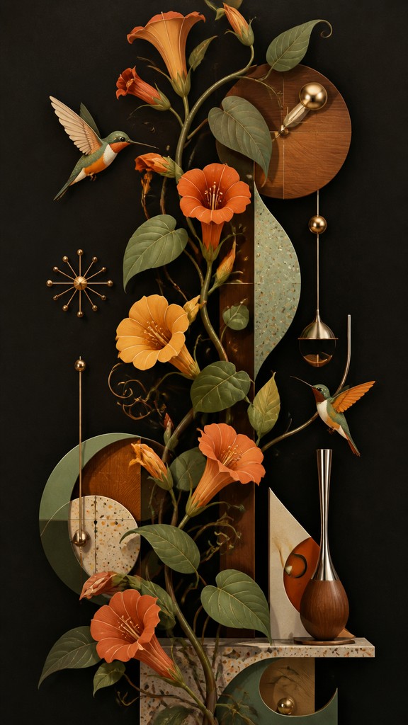 a climbing vine of flowers and hummingbirds on a dark background, tall wrapping composition, no text — Mid-Century Modern Interior Design phone case design