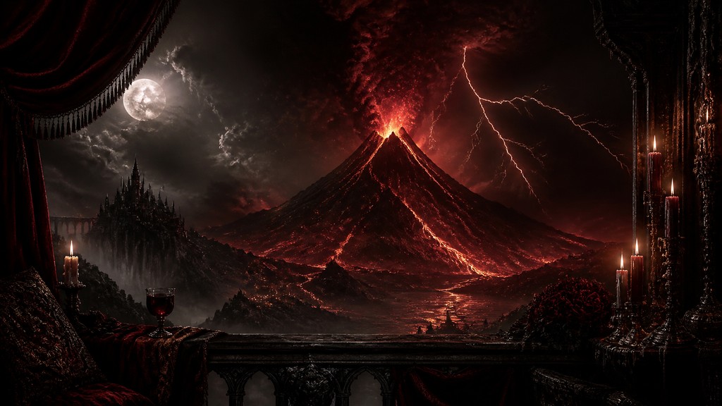 an erupting volcano with lightning strikes, dramatic wide composition, no text — Vampirecore Aesthetic YouTube thumbnail