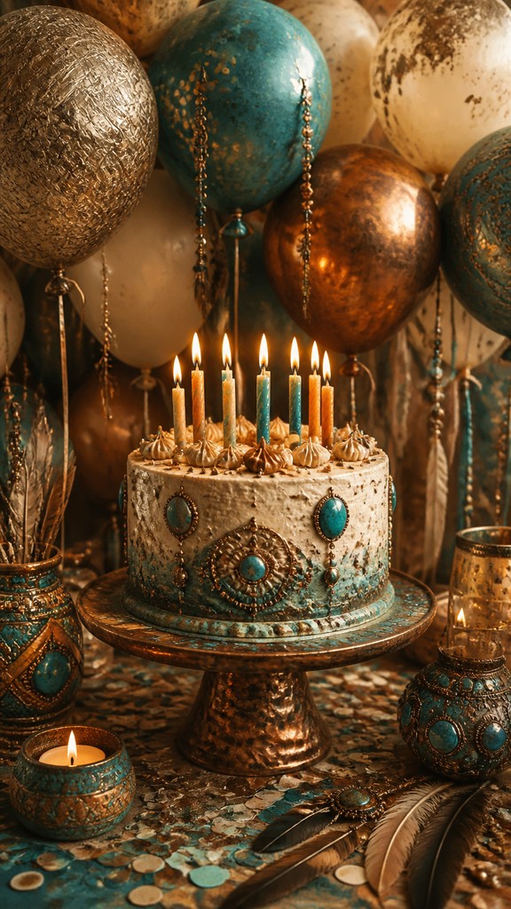 a birthday cake with lit candles surrounded by balloons and confetti, festive vertical composition, no text — Bohemian Jewelry Design birthday card