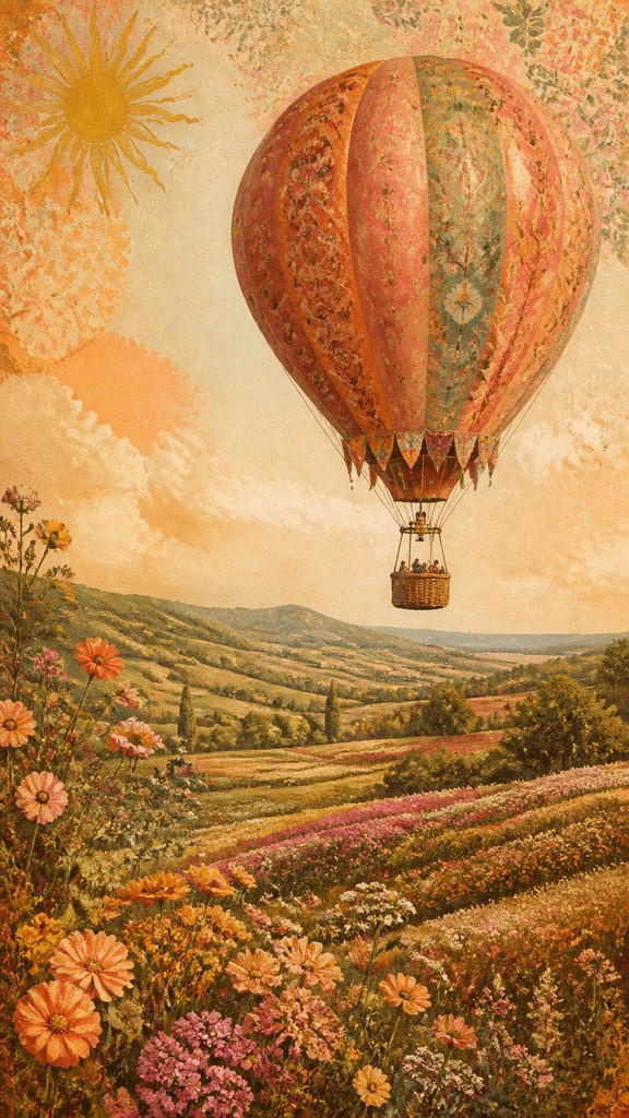 a hot air balloon drifting over rolling flower fields on a sunny day, cheerful, no text — Bohemian Fashion Design greeting card