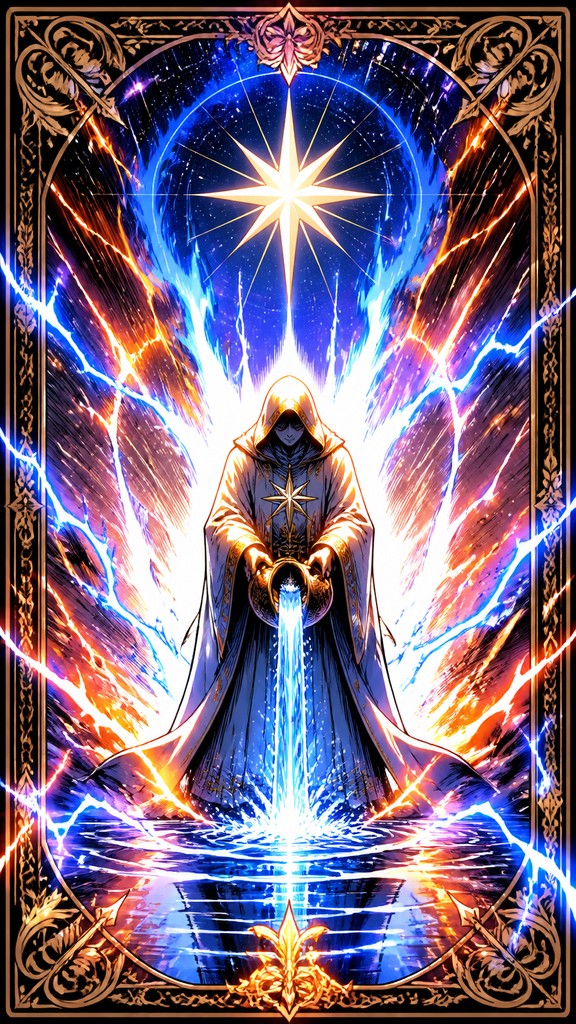 a robed figure pouring water beneath a large eight-pointed star in a night sky, symmetrical composition with an ornate decorative border, no text — Shounen Power-Up Aura Portrait tarot card