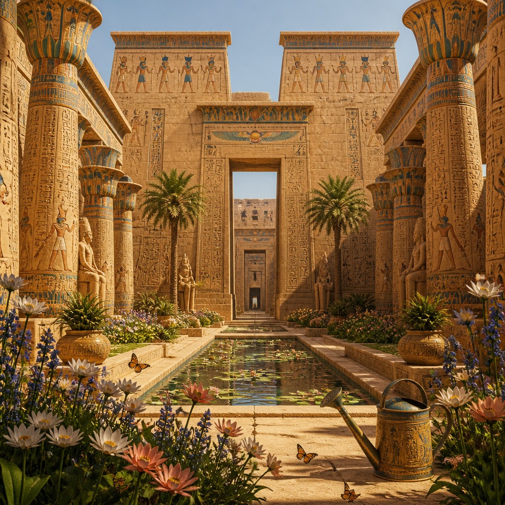 a garden scene with butterflies, flowers and a watering can, clean uncolored line art, no text — Ancient Egyptian Architecture coloring page