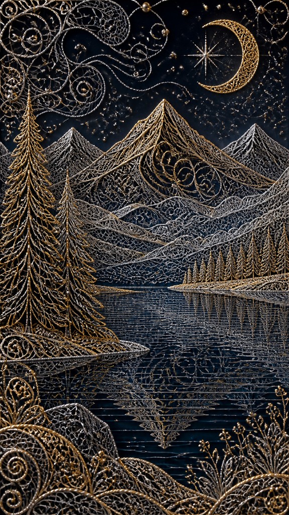 a tranquil mountain lake beneath a starry night sky, no people, no text — Filigree Jewelry Style phone wallpaper