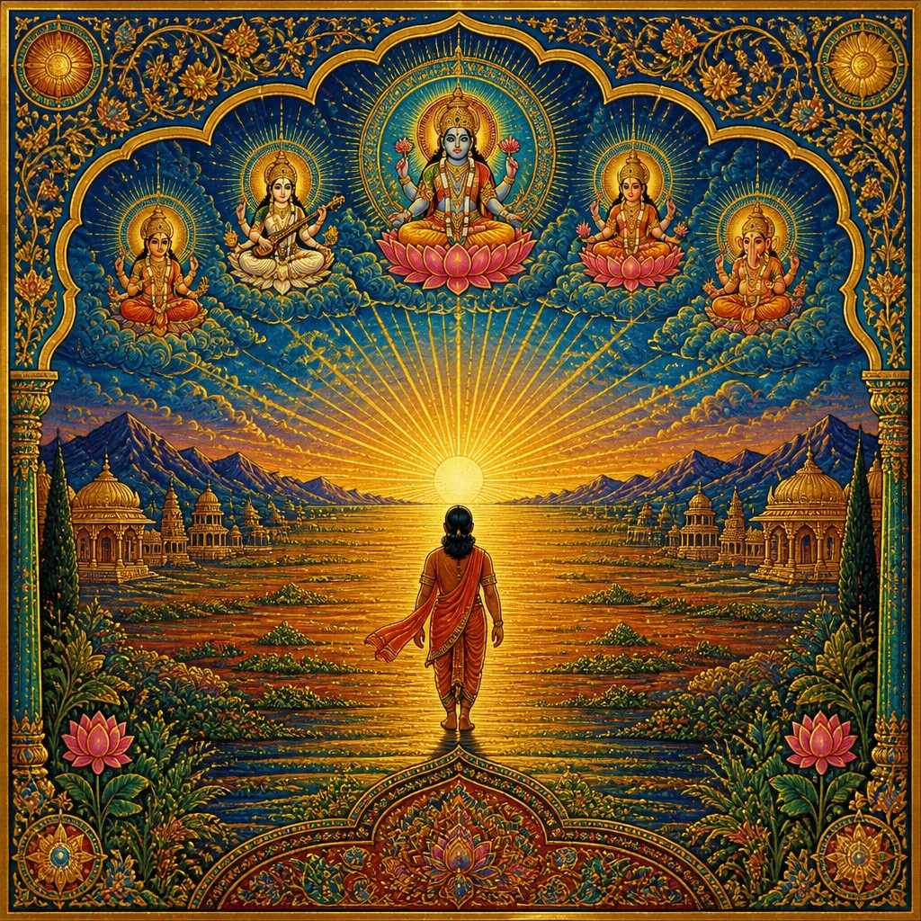 a solitary figure walking toward a glowing horizon across an empty plain, moody atmosphere, no text or lettering — Hindu Religious Art album cover