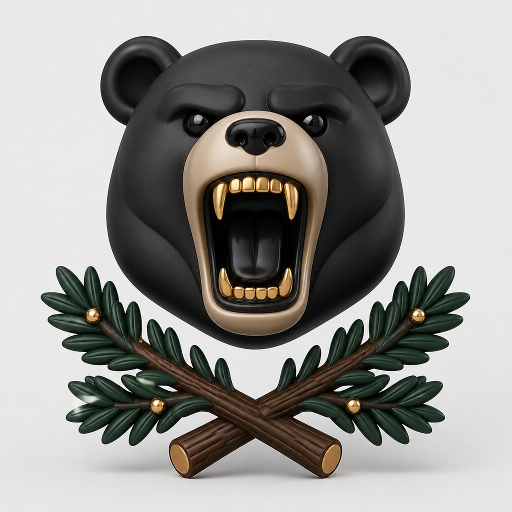 a roaring bear head above crossed pine branches, bold graphic composition on a plain background, no text — Art Toy Sculpture t-shirt design