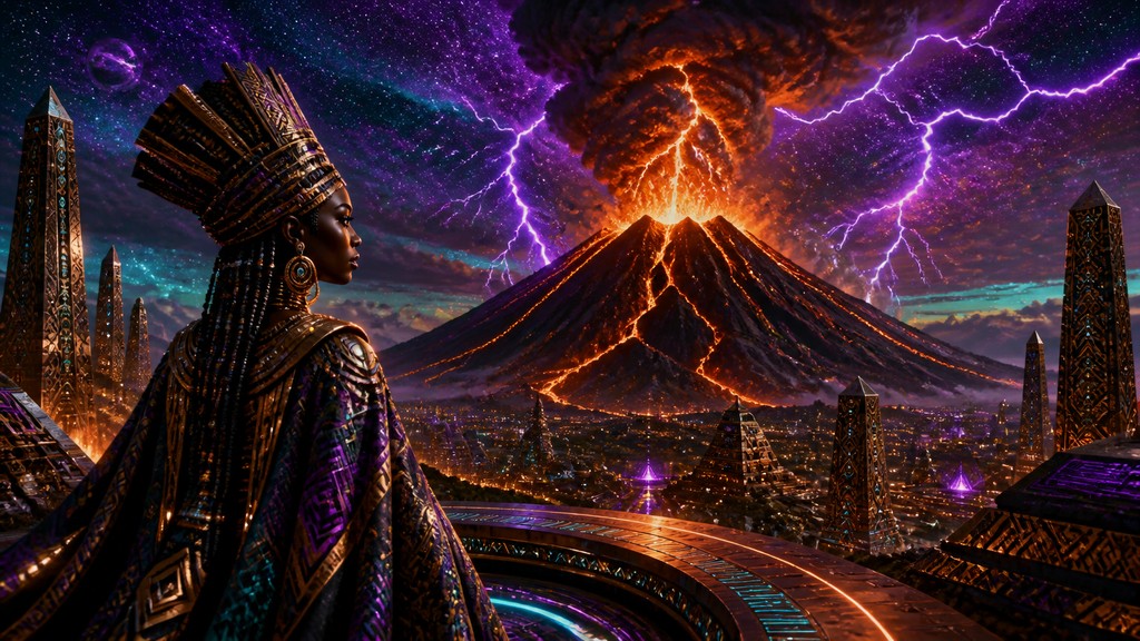 an erupting volcano with lightning strikes, dramatic wide composition, no text — Afrofuturism Art Style YouTube thumbnail