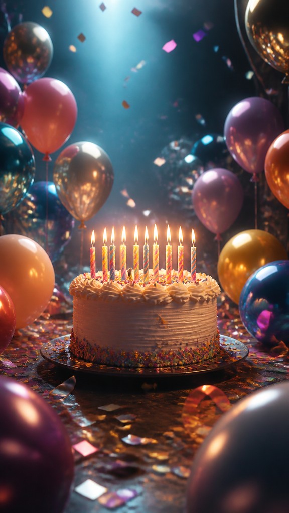 a birthday cake with lit candles surrounded by balloons and confetti, festive vertical composition, no text — VFX Compositing Digital Art Style birthday card