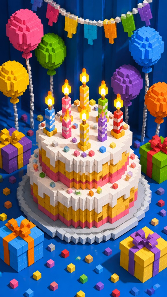 a birthday cake with lit candles surrounded by balloons and confetti, festive vertical composition, no text — Voxel Art Style birthday card