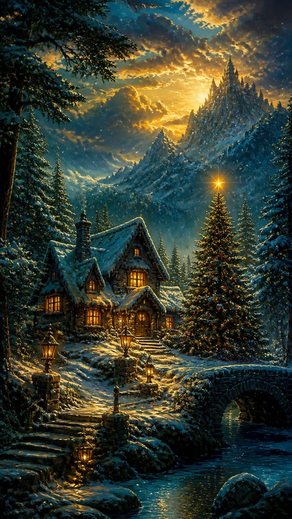 a snow-covered cottage with warm glowing windows beside a decorated pine tree, gentle snowfall, no text — Epic Fantasy Art Christmas card
