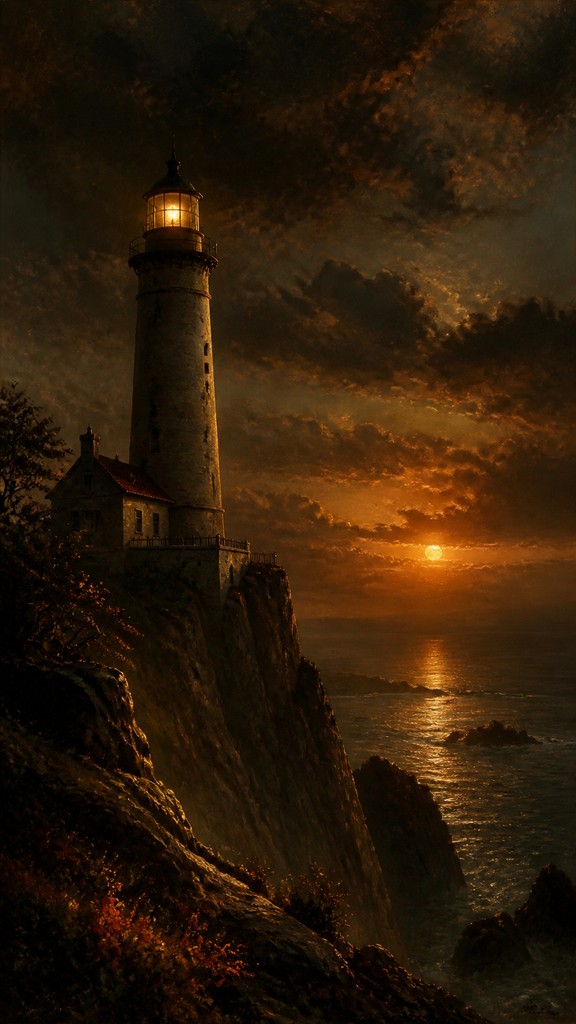 a lone lighthouse on a cliff at dusk under a dramatic sky, no text or lettering — Dutch Golden Age Still Life Art Style poster