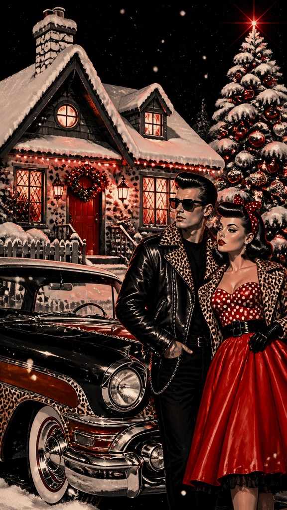 a snow-covered cottage with warm glowing windows beside a decorated pine tree, gentle snowfall, no text — Rockabilly Aesthetic Christmas card