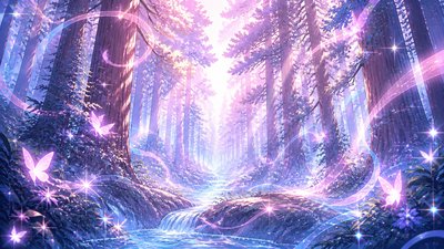 a panoramic redwood forest with light rays through mist, no people — Magical Girl Anime Art Style wallpaper