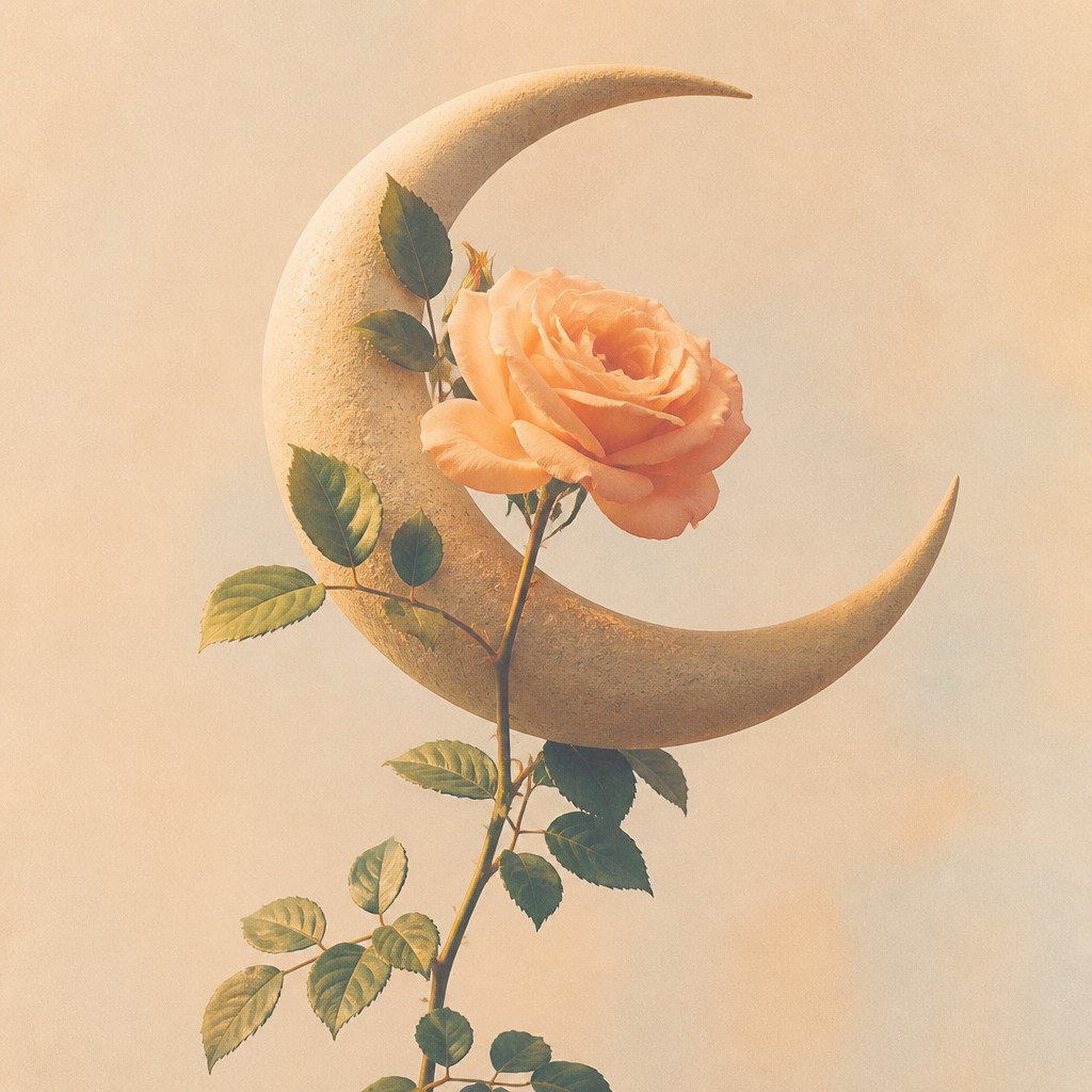 a rose entwined with a crescent moon, clean balanced composition on a plain background, no text — VSCO Aesthetic tattoo design