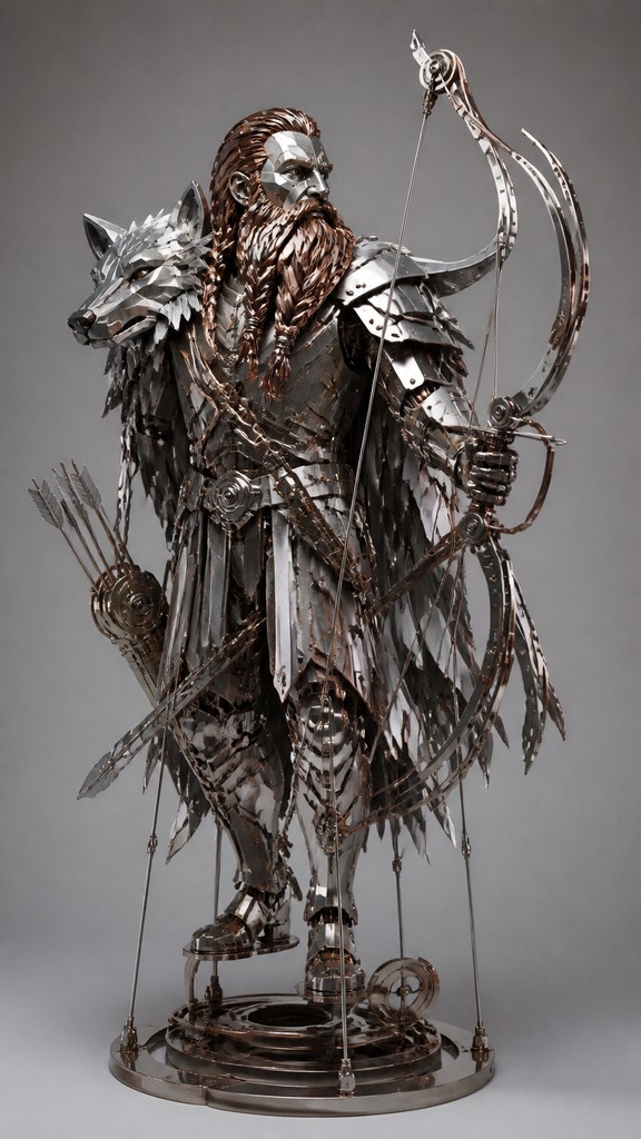 full-body original character: a dwarven ranger with a braided auburn beard, worn leather armor, a longbow and a wolf-pelt cloak, neutral background, no text — Kinetic Sculpture Art Style tabletop character portrait