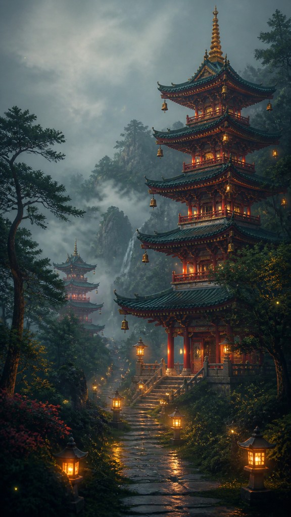 a mysterious forest path with fireflies and drifting mist, atmospheric vertical composition with open space at the top, no text — Pagoda Architecture Style book cover